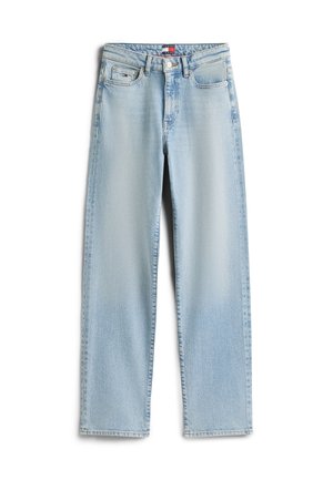 Világoskék, egyenes szárú farmernadrág klasszikus öt zsebes kialakítással és gombos lezárással, az első zsebnél kis márk logóval.