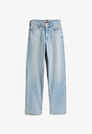 Világoskék, egyenes szárú farmernadrág klasszikus öt zsebes kialakítással és gombos lezárással, az első zsebnél kis márk logóval.