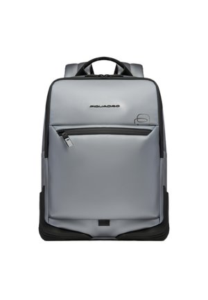 Gray rectangular backpack with front zip pocket, black bottom edges, padded shoulder straps, and Piquadro logo on the upper front panel.