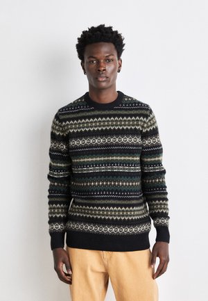 Knit sweater featuring a black and multi-colored geometric pattern, round neckline, and ribbed cuffs and hem. Fabric appears warm and textured.