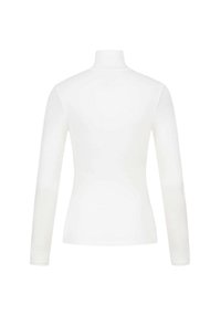 Long-sleeve white top with a high neckline, smooth fabric, form-fitting design, and no visible patterns or embellishments.