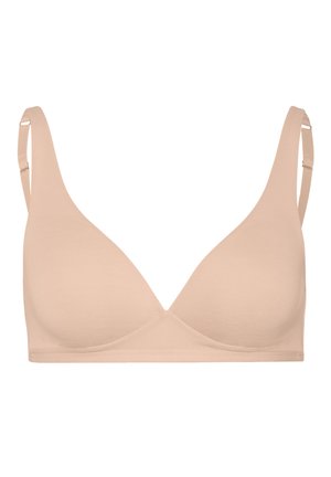 Lichtbeige bh gemaakt van zachte stof; driehoekige cups, brede schouderbanden en zonder beugels. Eenvoudig ontwerp met naadloze randen.