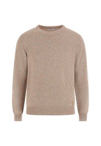 Pull en maille marron et gris avec un col rond, des manches longues et des poignets côtelés. Présente une petite étiquette en cuir sur le bas à gauche.