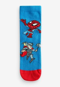 Calcetín azul colorido con diseños tejidos de Spider-Man y Thor, con puntera y talón en color rojo. Material suave con acabado texturizado.