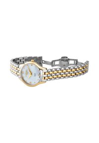 Reloj de pulsera metálico bicolor con brazalete de plata y oro, esfera redonda, dial blanco, acentos dorados y marcadores de cristal para la indicación de la hora.
