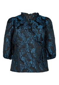 Blusa nera avvolgente con motivo floreale blu lucido, colletto arricciato, maniche a tre quarti gonfie e chiusura laterale con nodo.