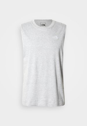 Ανοιχτό γκρι αμάνικο μπλουζάκι από μείγμα βαμβακιού. Διαθέτει στρογγυλή λαιμόκοψη και μικρό λευκό λογότυπο στην επάνω αριστερή πλευρά.