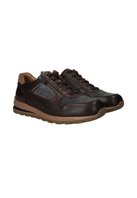 Brown leather sneakers with a textured finish, featuring laces and a side zipper. Rubber sole with a contrasting beige trim.