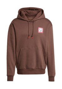 Felpa marrone realizzata in tessuto morbido, con tasca frontale, cappuccio con cordino e una patch grafica colorata sul petto. Accenti rossi alle estremità.