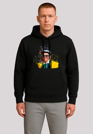 Schwarzer Hoodie mit Fronttasche, Kordeln und einem bunten Grafikdruck einer Figur mit Brille und Hut.