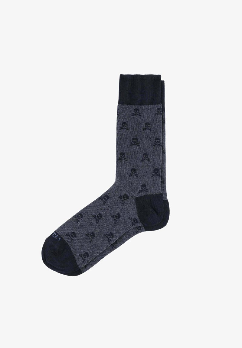 Calcetines de algodón azul oscuro con un patrón de calavera y tibias cruzadas, puño sólido en contraste y textura suave. Diseño de altura hasta el tobillo.