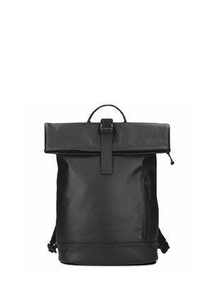 Black roll-top backpack with front vertical zipper pocket and buckle closure, made of smooth, matte material.