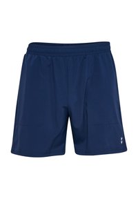 Marinblå träningsshorts tillverkade av lättviktsmaterial med elastisk midja, två sidofickor och en liten logotyp på nedre högra benet.