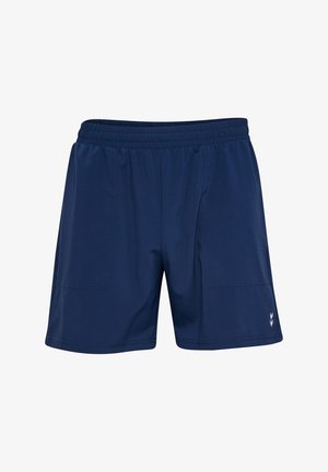 Marinblå träningsshorts tillverkade av lättviktsmaterial med elastisk midja, två sidofickor och en liten logotyp på nedre högra benet.