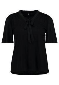 Svart kortärmad topp med knytband i halsen, tillverkad av mjukt tyg. Har plisserade axlar och en rundad nederkant för en avslappnad passform.