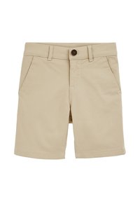 Beiga bomullsshorts med rak skärning, framfickor och brun knappstängning. Slät textur med sömdekoration längs kanterna.
