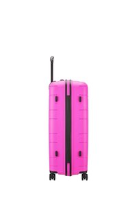 Hartschalenkoffer in leuchtendem Pink mit strukturiertem Finish, schwarzem Reißverschluss, ausziehbarem Griff und vier Rädern für Mobilität.