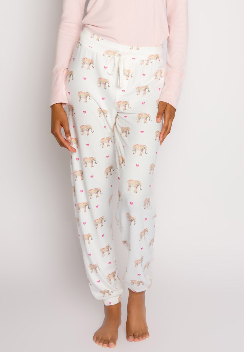 Vita pyjamasbyxor med färgglada elefantmönster och rosa hjärtan, med en avslappnad passform, elastisk midja och snörningsdetalj.