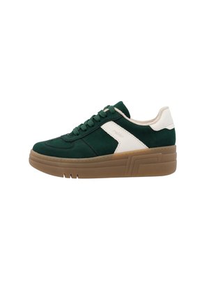 Grüne Wildledersneaker mit weißen Lederakzenten, runder Zehenpartie, strukturiertem Gummisohle und Schnürdesign. Verfügt über Kontrastnähte und ein Logo-Detail.