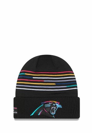 Cappello di lana nera a maglia con strisce orizzontali multicolori e un logo di pantera ricamato sul risvolto. Tessuto testurizzato, vestibilità aderente.