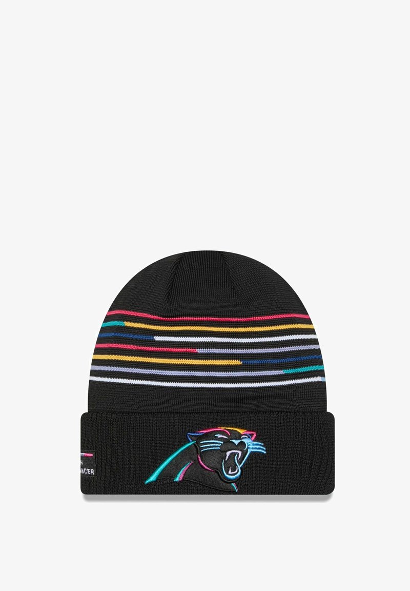 Black knitted beanie with multicolored horizontal stripes and an embroidered panther logo on the fold. Textured fabric, snug fit.