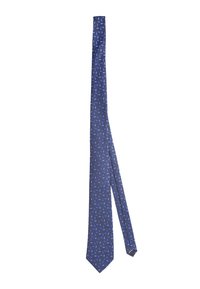 Cravatta blu navy in seta, con un motivo di piccole linee blu. Design slim con punta a forma di freccia e texture liscia.