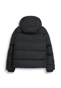 Giacca imbottita nera con cappuccio, caratterizzata da un design trapuntato, polsini a coste e una lunghezza corta. Il materiale sembra strutturato e leggero.
