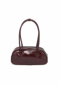 Burgundia faux nahast käekott kahe ümmarguse käepidemega, lukuga ja sileda, läikiva tekstuuriga, omades struktureeritud, ovaalset kuju.