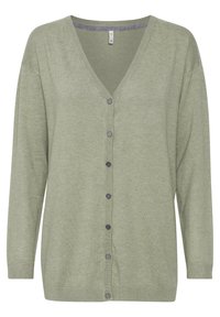 Cardigan verde chiaro con scollatura a V, maniche lunghe e chiusura con bottoni frontali. Presenta polsini a coste e una consistenza morbida.