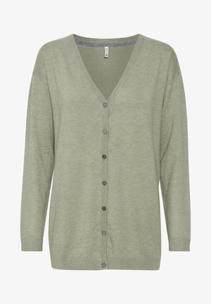 Ljusgrön cardigan med v-ringning, långa ärmar och knappstängning fram. Har ribbade muddar och en mjuk textur.