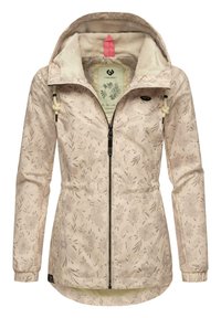 Light beige floral jacket featuring a full zipper, adjustable drawstring hood, elastic cuffs, and soft interior lining with a subtle texture.