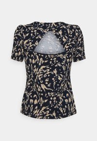 Musta ja ruskea printtipaita lyhyillä hihoilla, jossa on avainaukko selkädetail. Sujuva kangas, joka saa istuvan siluetin ja kaarevan helman.