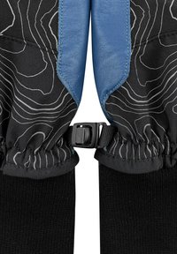 Guanti neri e blu con un tessuto a fantasia nera caratterizzato da linee di contorno, accentuazioni in pelle e una chiusura con cinturino regolabile nera.