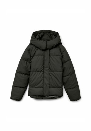 Dunkelgrüne Daunenjacke mit Kapuze, mit einem gesteppten Design, einem Frontreißverschluss und zwei horizontalen Taschen. Glatte Oberfläche.