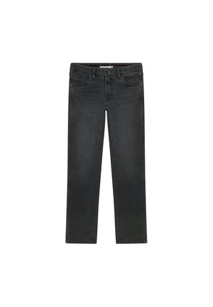 Juodi tiesaus kirpimo Wrangler džinsai su priekinėmis kišenėmis, diržo kilpomis ir sagomis užsegimu.