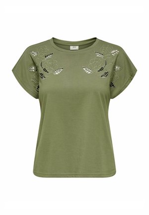 T-shirt en coton vert olive à manches courtes, avec une broderie florale et des découpes le long des épaules.
