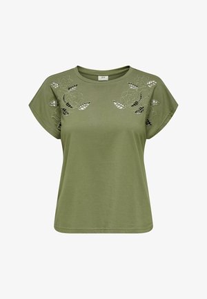 T-shirt en coton vert olive à manches courtes, avec une broderie florale et des découpes le long des épaules.