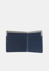 Navy leather wallet with several card slots, a smooth texture, and RFID protection emblem on the side. Silver-toned edges highlight the design.