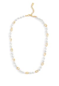 Pearl necklace featuring white pearls interspersed with gold oval links. Finished with a gold clasp and adjustable chain for length adjustment.