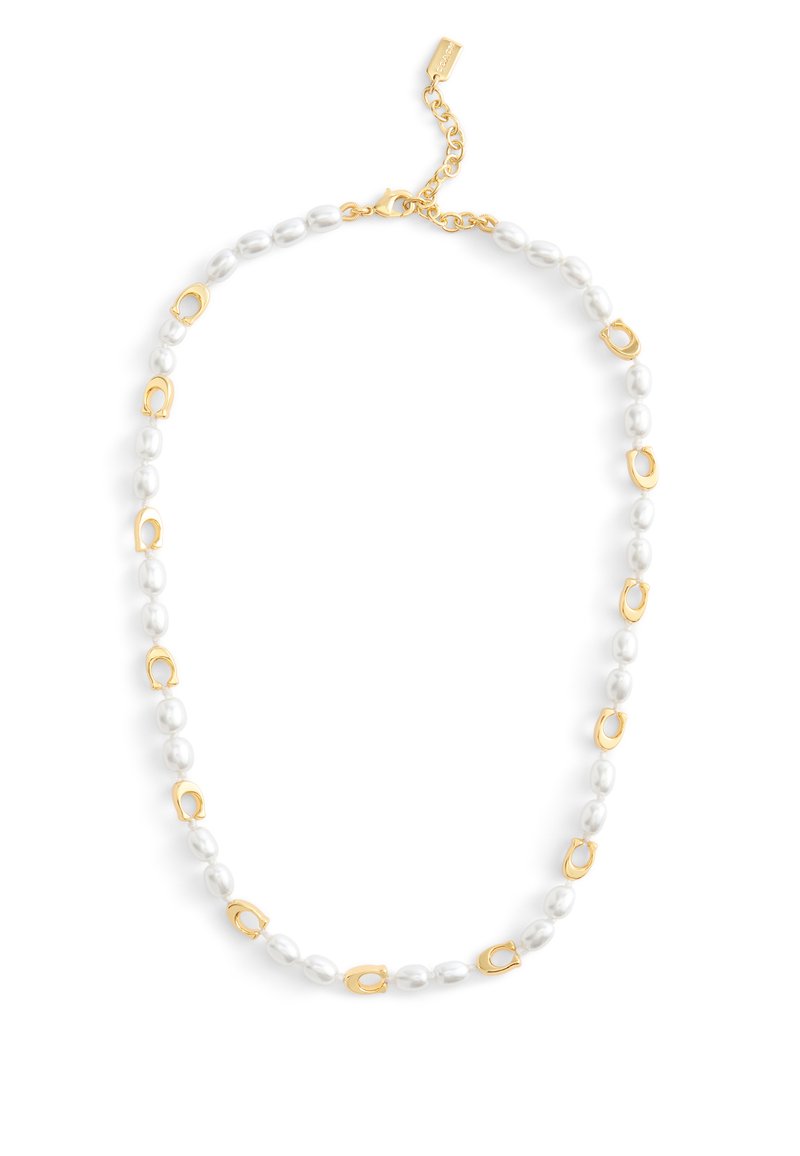 Pearl necklace featuring white pearls interspersed with gold oval links. Finished with a gold clasp and adjustable chain for length adjustment.