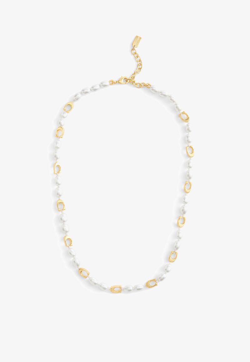 Pearl necklace featuring white pearls interspersed with gold oval links. Finished with a gold clasp and adjustable chain for length adjustment.
