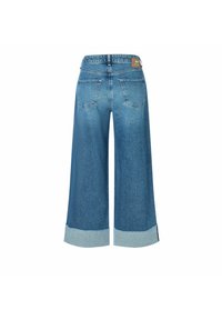 Denim-Culotte mit weitem Beinschnitt, mittlerem Blauton und umgeschlagenen hellblauen Säumen. Verfügt über zwei Gesäßtaschen und ein eingesticktes Etikett.
