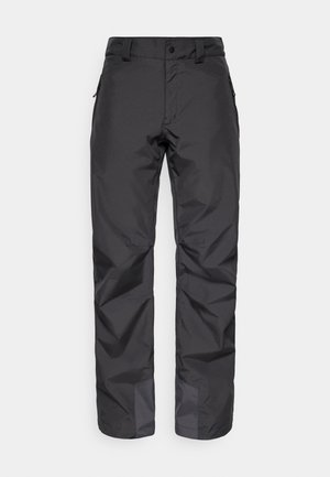 Black waterproof outdoor pants with zippered side pockets and reinforced ankle sections, shown on a plain white background.