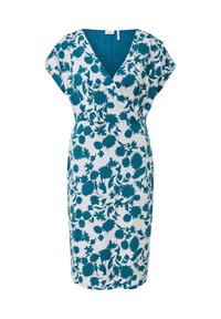 Robe portefeuille florale turquoise sur fond blanc, avec des manches courtes, un décolleté en V et une taille cintrée avec une longueur au genou.