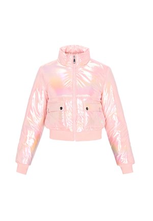 Gekürzte, glänzende rosa Pufferjacke mit hohem Kragen, Frontreißverschluss und zwei Klapptaschen mit schwarzen Knöpfen. Glatte, glänzende Textur.