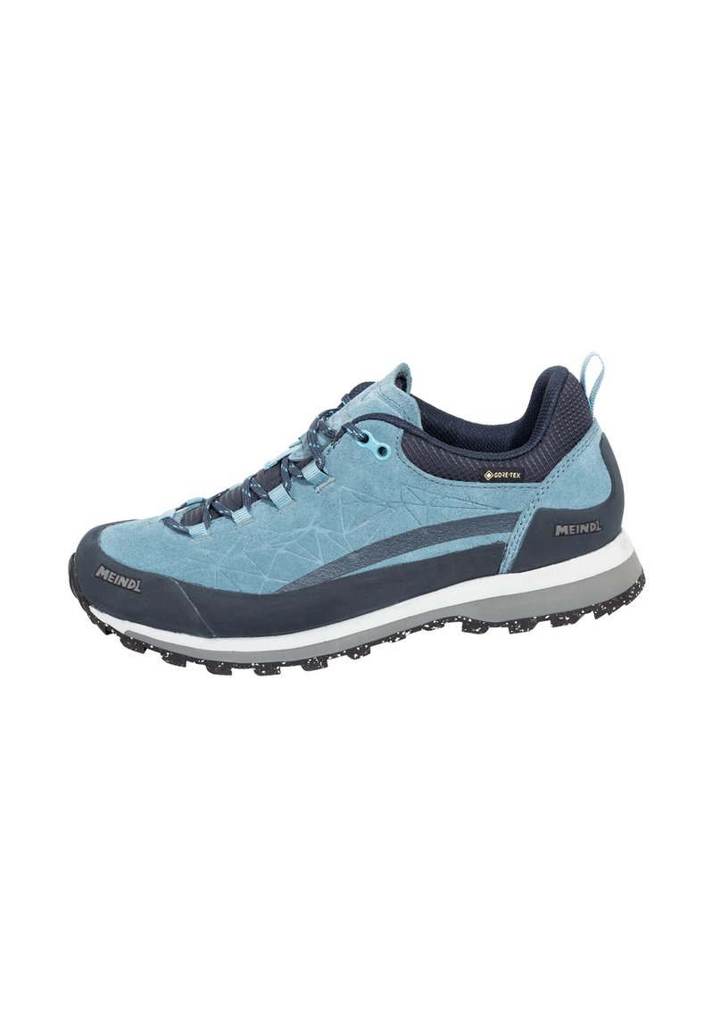 Light blue hiking shoes with a textured upper, dark blue accents, and a rugged sole. Features include a lace-up design and reinforced toe cap.