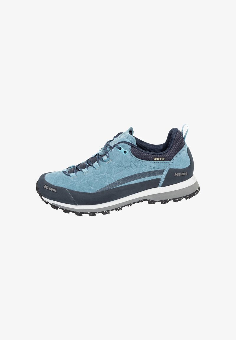 Light blue hiking shoes with a textured upper, dark blue accents, and a rugged sole. Features include a lace-up design and reinforced toe cap.