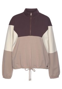 Sweat à col montant avec une fermeture éclair à l'avant. Confectionné dans un tissu doux, il présente un design à blocs de couleurs en violet, beige et blanc.