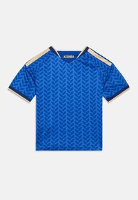 Μπλε κοντομάνικη πουκάμισο με σχέδιο φύλλων. Διαθέτει χρυσές λεπτομέρειες στους ώμους και λαιμόκοψη σε σχήμα V. Κατασκευασμένο από ελαφρύ ύφασμα.