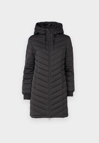 Abrigo acolchado negro con capucha, que presenta un diseño de rombos acolchados, cierre de cremallera y bolsillos laterales. Los puños tienen textura acanalada.